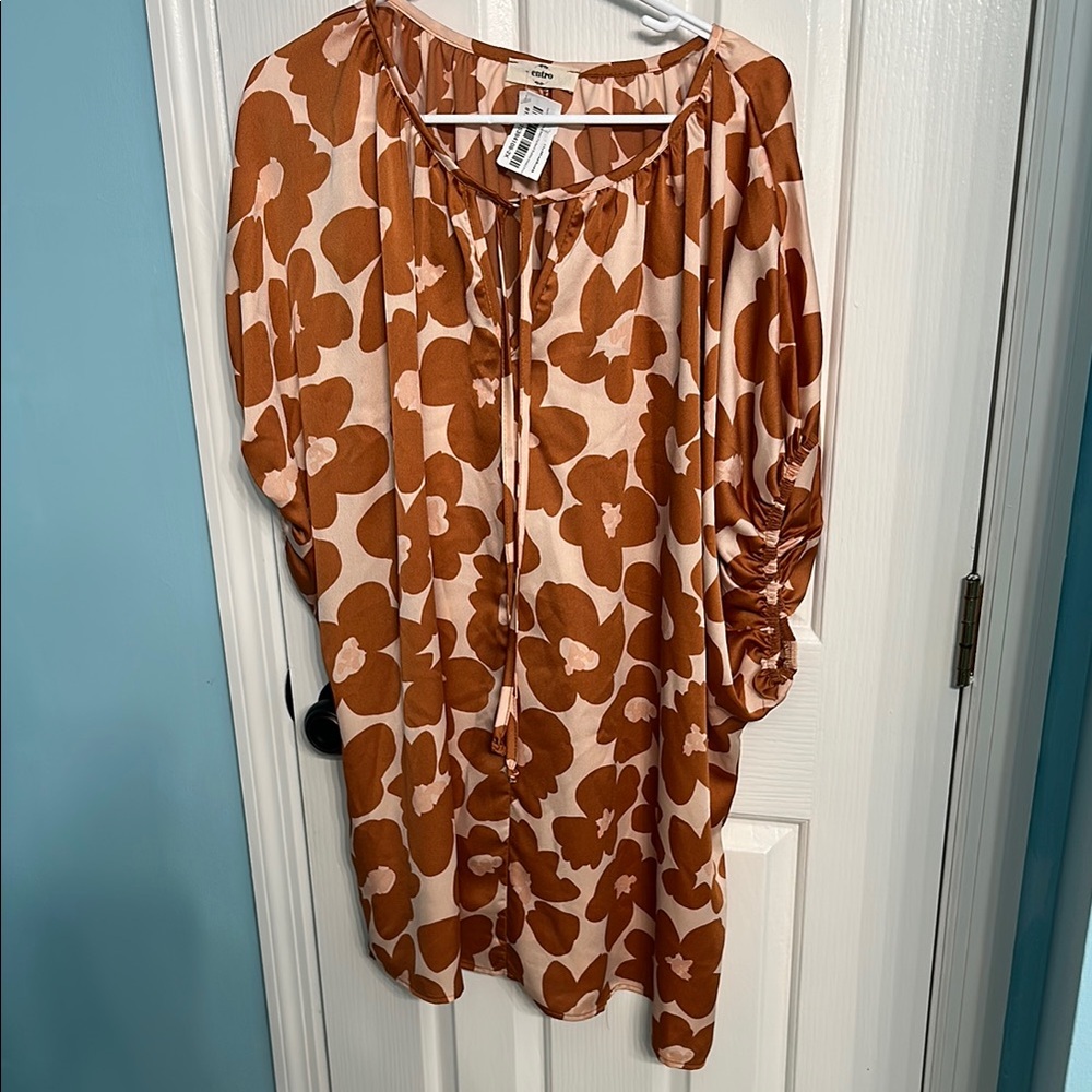 Entro Brown and Orange Relaxed Tie Front Blouse